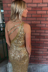 Golden Prom Dress Sequined One Shoulder Long Evening Dress with Fringes